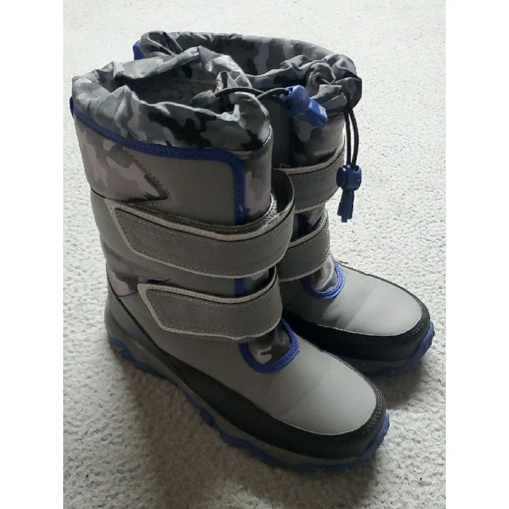 Lands' End Kids Grey Camo Winter Boots with Blue Accents